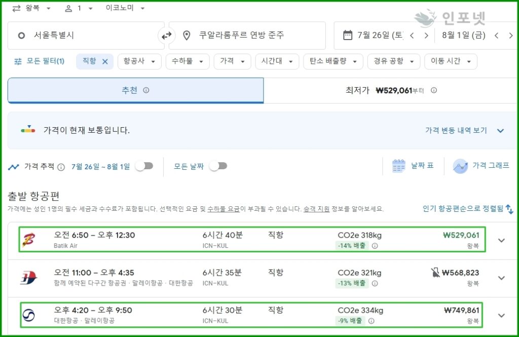 구글플라이트 가격검색결과